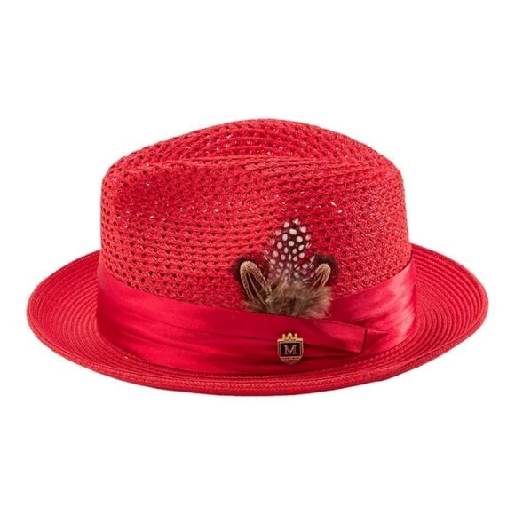 MONTIQUE MEN'S RED COLOR PINCH BRAIDED FEDORA WITH MATCHING SATIN RIBBON. H34 - Picture 1 of 5